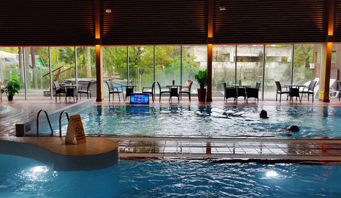 Waterbic aqua aerobics screen at the poolside of a swimming pool